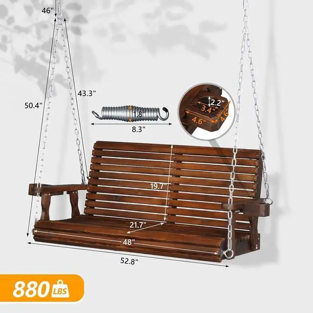 Alt view image 4 of 7 - VINGLI XL 4 FT Pro Wooden Porch Swing with Cup Holders, 880 LBS, Rustic | Heavy-Duty Wood Frame; 880-Lb Capacity; Cup Holders Included; Hanging Chains Included; Ideal For Yard, Lawn, And Garden