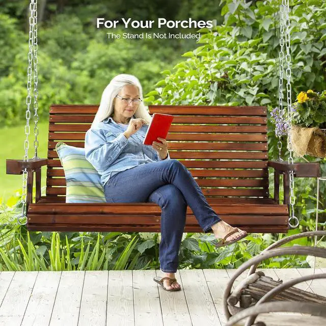 Alt view image 5 of 7 - VINGLI XL 4 FT Pro Wooden Porch Swing with Cup Holders, 880 LBS, Rustic | Heavy-Duty Wood Frame; 880-Lb Capacity; Cup Holders Included; Hanging Chains Included; Ideal For Yard, Lawn, And Garden