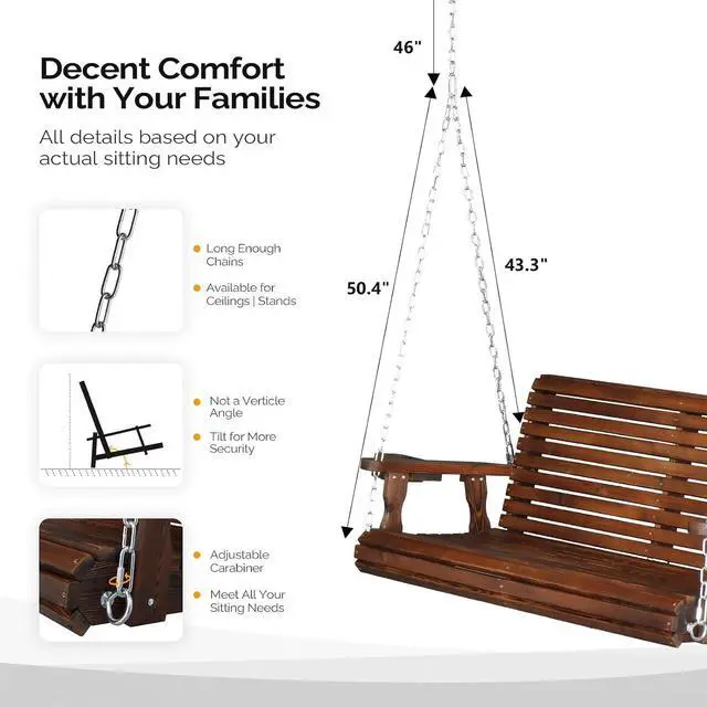Alt view image 3 of 7 - VINGLI XL 4 FT Pro Wooden Porch Swing with Cup Holders, 880 LBS, Rustic | Heavy-Duty Wood Frame; 880-Lb Capacity; Cup Holders Included; Hanging Chains Included; Ideal For Yard, Lawn, And Garden