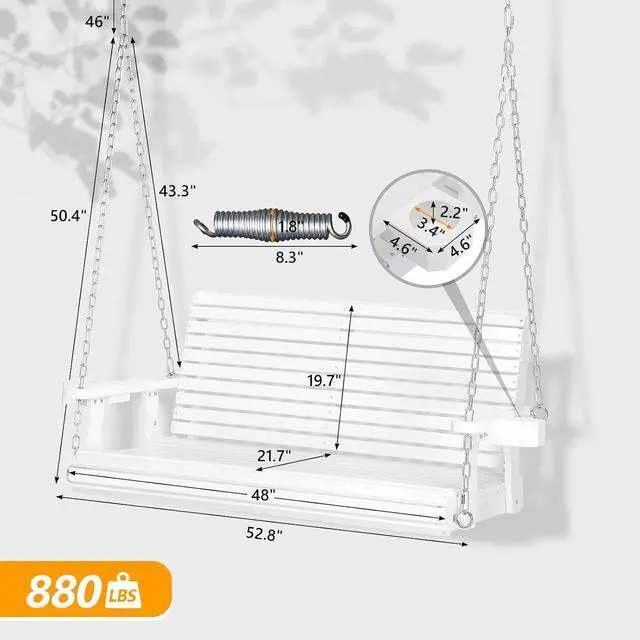 Alt view image 4 of 7 - VINGLI XL 4 FT Pro Wooden Porch Swing with Cup Holders, 880 LBS, White | Heavy-Duty Wood Frame; 880-Lb Capacity; Cup Holders Included; Hanging Chains Included; Ideal For Yard, Lawn, And Garden