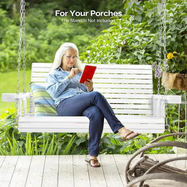 Alt view image 5 of 7 - VINGLI XL 4 FT Pro Wooden Porch Swing with Cup Holders, 880 LBS, White | Heavy-Duty Wood Frame; 880-Lb Capacity; Cup Holders Included; Hanging Chains Included; Ideal For Yard, Lawn, And Garden