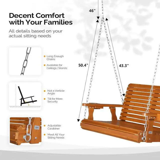 Alt view image 3 of 6 - VINGLI XL 4 FT Pro Wooden Porch Swing with Cup Holders, 880 LBS, Brown | Heavy-Duty Wood Frame; 880-Lb Capacity; Cup Holders Included; Hanging Chains Included; Ideal For Yard, Lawn, And Garden