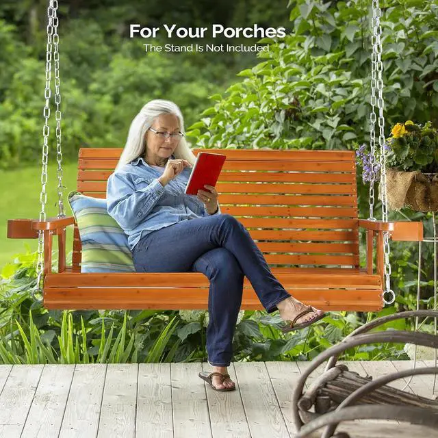 Alt view image 5 of 6 - VINGLI XL 4 FT Pro Wooden Porch Swing with Cup Holders, 880 LBS, Brown | Heavy-Duty Wood Frame; 880-Lb Capacity; Cup Holders Included; Hanging Chains Included; Ideal For Yard, Lawn, And Garden