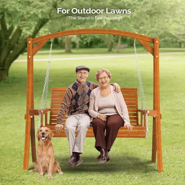Alt view image 6 of 6 - VINGLI XL 4 FT Pro Wooden Porch Swing with Cup Holders, 880 LBS, Brown | Heavy-Duty Wood Frame; 880-Lb Capacity; Cup Holders Included; Hanging Chains Included; Ideal For Yard, Lawn, And Garden