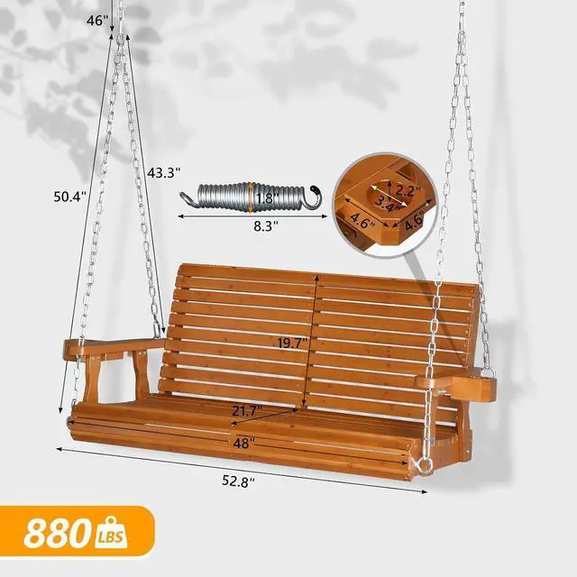 Alt view image 4 of 6 - VINGLI XL 4 FT Pro Wooden Porch Swing with Cup Holders, 880 LBS, Brown | Heavy-Duty Wood Frame; 880-Lb Capacity; Cup Holders Included; Hanging Chains Included; Ideal For Yard, Lawn, And Garden
