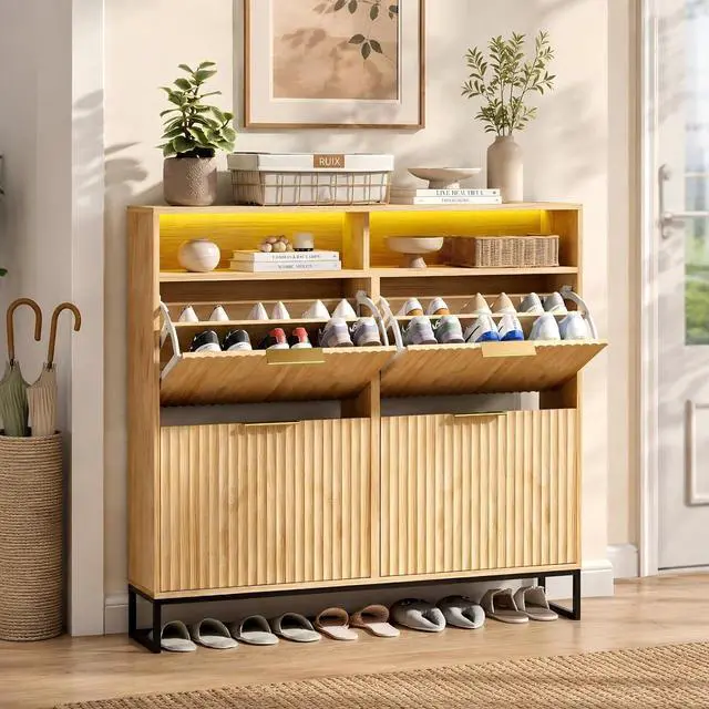 Main image of VINGLI Fluted Shoe Cabinet for Entryway, Narrow Hidden Shoe Storage Organizer with 4 Flip Drawers & 16-Color LED Lights, Mid Century Modern Slim Freestanding Shoe Rack with Cubby, Natural Oak