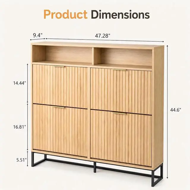 Alt view image 2 of 7 - VINGLI Fluted Shoe Cabinet for Entryway, Narrow Hidden Shoe Storage Organizer with 4 Flip Drawers & 16-Color LED Lights, Mid Century Modern Slim Freestanding Shoe Rack with Cubby, Natural Oak