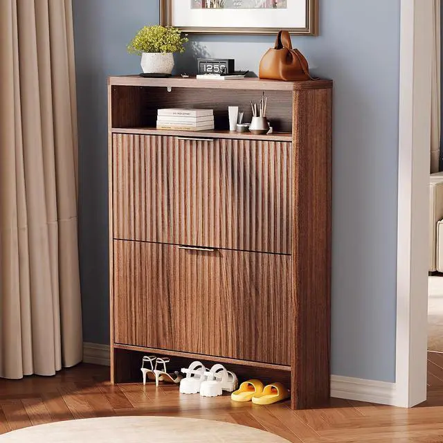 Alt view image 3 of 7 - VINGLI Walnut Slim Shoe Cabinet for Entryway, Curved Hidden Shoe Storage Cabinet with 2 Flip Drawers & Open Shelf, Modern Narrow Shoe Organizer with Fluted Panel & Anti-Tip Kit, 32.7" W, Dark Wood