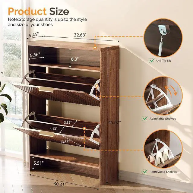 Alt view image 2 of 7 - VINGLI Walnut Slim Shoe Cabinet for Entryway, Curved Hidden Shoe Storage Cabinet with 2 Flip Drawers & Open Shelf, Modern Narrow Shoe Organizer with Fluted Panel & Anti-Tip Kit, 32.7" W, Dark Wood