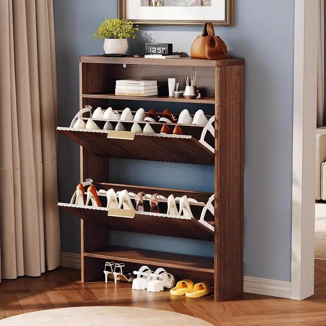 Alt view image 4 of 7 - VINGLI Walnut Slim Shoe Cabinet for Entryway, Curved Hidden Shoe Storage Cabinet with 2 Flip Drawers & Open Shelf, Modern Narrow Shoe Organizer with Fluted Panel & Anti-Tip Kit, 32.7" W, Dark Wood