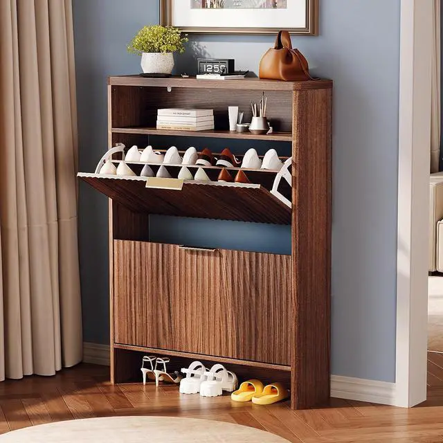 Main image of VINGLI Walnut Slim Shoe Cabinet for Entryway, Curved Hidden Shoe Storage Cabinet with 2 Flip Drawers & Open Shelf, Modern Narrow Shoe Organizer with Fluted Panel & Anti-Tip Kit, 32.7" W, Dark Wood