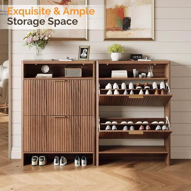 Alt view image 5 of 7 - VINGLI Walnut Slim Shoe Cabinet for Entryway, Curved Hidden Shoe Storage Cabinet with 2 Flip Drawers & Open Shelf, Modern Narrow Shoe Organizer with Fluted Panel & Anti-Tip Kit, 32.7" W, Dark Wood
