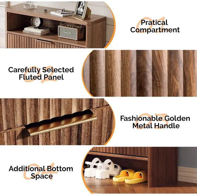 Alt view image 6 of 7 - VINGLI Walnut Slim Shoe Cabinet for Entryway, Curved Hidden Shoe Storage Cabinet with 2 Flip Drawers & Open Shelf, Modern Narrow Shoe Organizer with Fluted Panel & Anti-Tip Kit, 32.7" W, Dark Wood