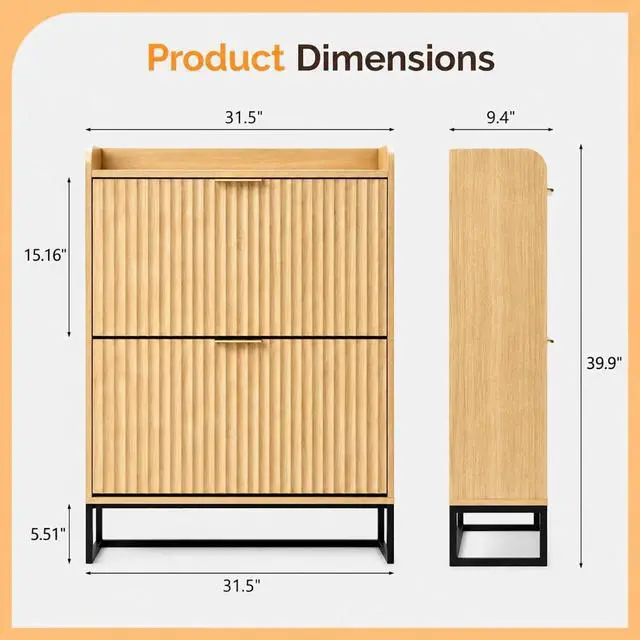 Alt view image 2 of 7 - VINGLI Fluted Shoe Cabinet Storage for Entryway,Hidden Shoes Storage Cabinet with 2 Flip Drawers, Mid Century Modern Shoe Rack Organizer,Free Standing Shoes Organizer for Hallway(Natural Oak)