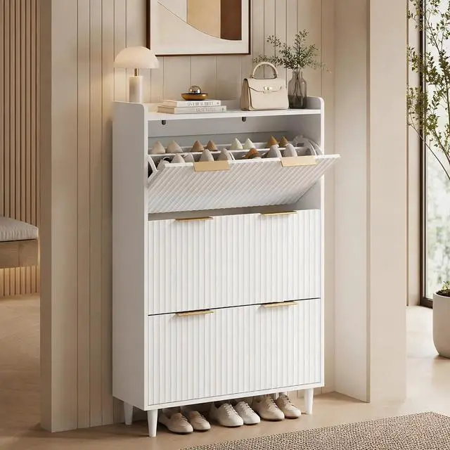 Main image of VINGLI White Fluted Shoe Storage Cabinet for Entryway with 3 Flip Drawers, Narrow Shoe Organizer with Fluted Panel, Modern Freestanding Wood Shoe Cabinet for Foyer, Hallway (White, 3 Flip Drawers)