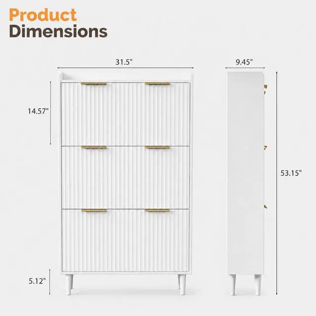 Alt view image 2 of 7 - VINGLI White Fluted Shoe Storage Cabinet for Entryway with 3 Flip Drawers, Narrow Shoe Organizer with Fluted Panel, Modern Freestanding Wood Shoe Cabinet for Foyer, Hallway (White, 3 Flip Drawers)