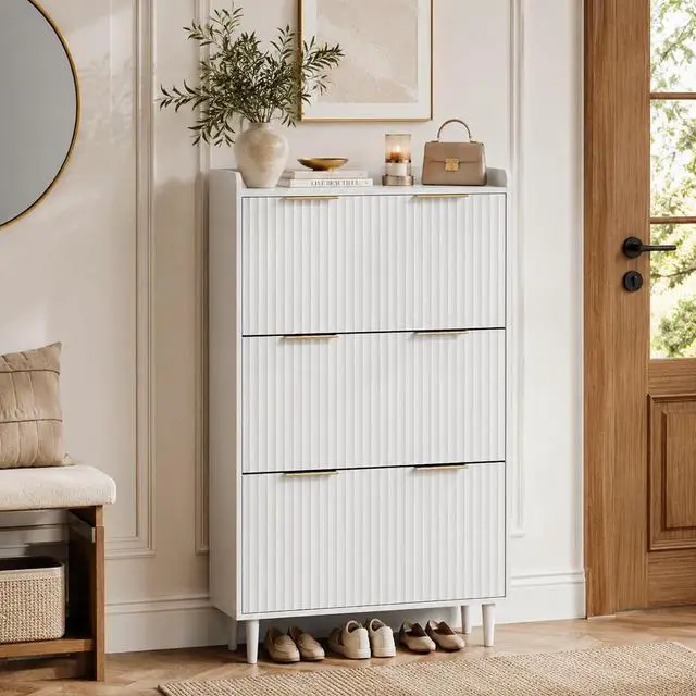 Alt view image 3 of 7 - VINGLI White Fluted Shoe Storage Cabinet for Entryway with 3 Flip Drawers, Narrow Shoe Organizer with Fluted Panel, Modern Freestanding Wood Shoe Cabinet for Foyer, Hallway (White, 3 Flip Drawers)