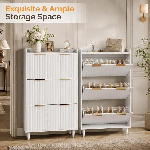 Alt view image 4 of 7 - VINGLI White Fluted Shoe Storage Cabinet for Entryway with 3 Flip Drawers, Narrow Shoe Organizer with Fluted Panel, Modern Freestanding Wood Shoe Cabinet for Foyer, Hallway (White, 3 Flip Drawers)
