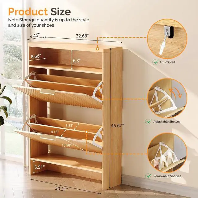 Alt view image 2 of 7 - VINGLI Slim Shoe Cabinet with Curved Edges, Modern Hidden Shoe Storage Organizer with 2 Flip Drawers & Open Shelf, Narrow Wood Shoe Cupboard with Fluted Panel & Anti-Tip Kit for Entryway, Oak