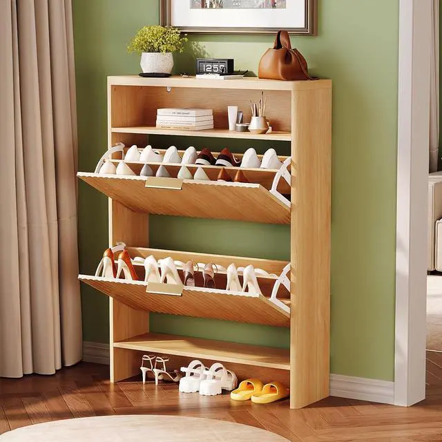 Alt view image 3 of 7 - VINGLI Slim Shoe Cabinet with Curved Edges, Modern Hidden Shoe Storage Organizer with 2 Flip Drawers & Open Shelf, Narrow Wood Shoe Cupboard with Fluted Panel & Anti-Tip Kit for Entryway, Oak