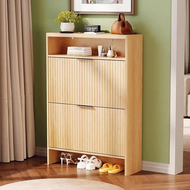 Alt view image 4 of 7 - VINGLI Slim Shoe Cabinet with Curved Edges, Modern Hidden Shoe Storage Organizer with 2 Flip Drawers & Open Shelf, Narrow Wood Shoe Cupboard with Fluted Panel & Anti-Tip Kit for Entryway, Oak