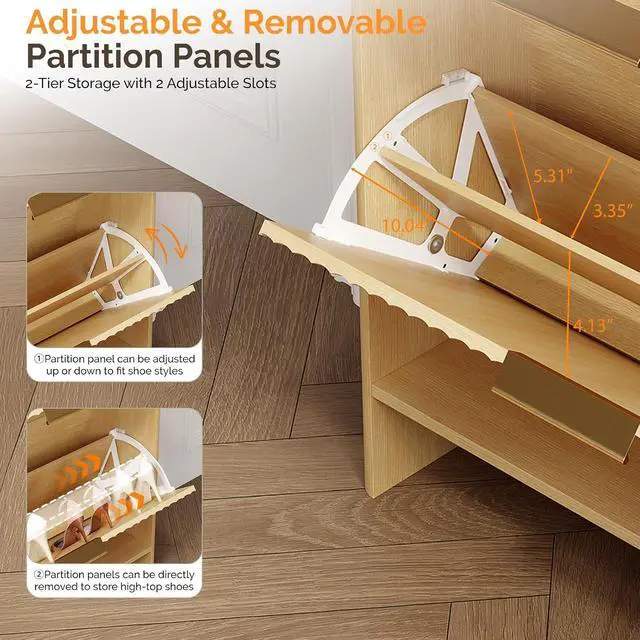 Alt view image 7 of 7 - VINGLI Slim Shoe Cabinet with Curved Edges, Modern Hidden Shoe Storage Organizer with 2 Flip Drawers & Open Shelf, Narrow Wood Shoe Cupboard with Fluted Panel & Anti-Tip Kit for Entryway, Oak