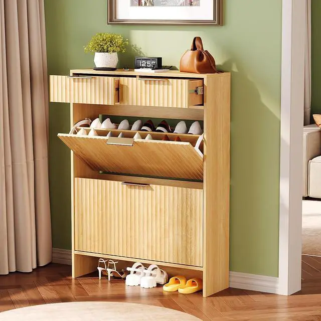 Main image of VINGLI Fluted Shoe Cabinet for Entryway, Slim Shoe Storage Cabinet with 2 Flip Drawers & 2 Top Drawers, Modern Hidden Shoe Rack Organizer with Adjustable Shelves, Narrow Freestanding Console, Oak