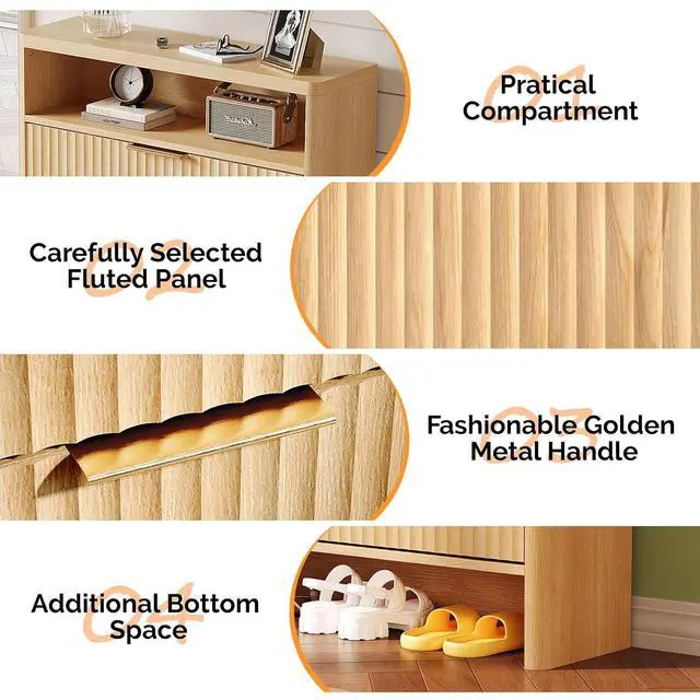 Alt view image 6 of 7 - VINGLI Slim Shoe Cabinet with Curved Edges, Modern Hidden Shoe Storage Organizer with 2 Flip Drawers & Open Shelf, Narrow Wood Shoe Cupboard with Fluted Panel & Anti-Tip Kit for Entryway, Oak
