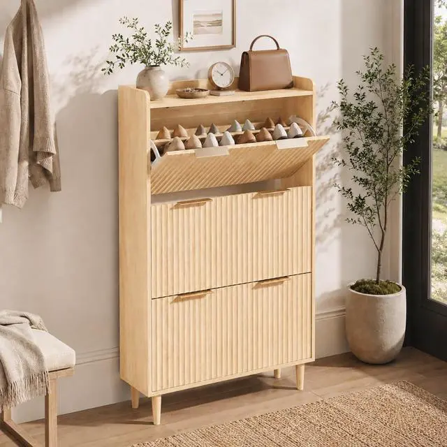 Main image of VINGLI Fluted Shoe Storage Cabinet for Entryway with 3 Flip Drawers, Narrow Shoe Organizer with Fluted Panel, Freestanding Wood Hidden Shoe Cabinet for Foyer, Hallway (Oak, 3 Flip Drawers)