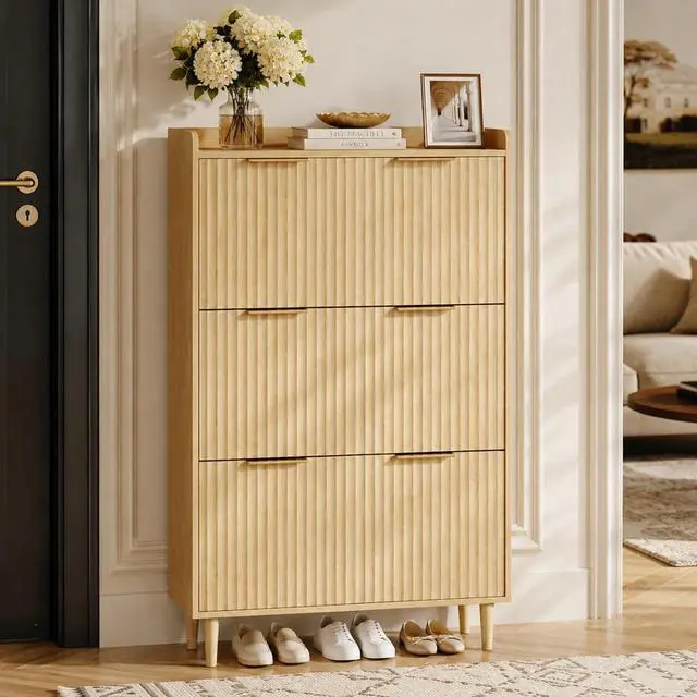Alt view image 3 of 7 - VINGLI Fluted Shoe Storage Cabinet for Entryway with 3 Flip Drawers, Narrow Shoe Organizer with Fluted Panel, Freestanding Wood Hidden Shoe Cabinet for Foyer, Hallway (Oak, 3 Flip Drawers)