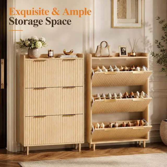 Alt view image 4 of 7 - VINGLI Fluted Shoe Storage Cabinet for Entryway with 3 Flip Drawers, Narrow Shoe Organizer with Fluted Panel, Freestanding Wood Hidden Shoe Cabinet for Foyer, Hallway (Oak, 3 Flip Drawers)