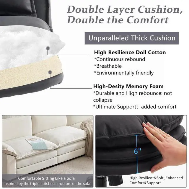 Alt view image 3 of 7 - VINGLI Cloud Criss Cross Legged Chair,18" High Back Armless Home Office Desk Chair with Wheels,Wide Adjustable Comfy Padded Seat Task Computer Chair,Modern Swivel Makeup Vanity Chair,Microfiber,Grey