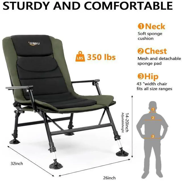 Alt view image 3 of 7 - VINGLI Oversized Fishing Chair Heavy Duty Support 440 LBS, 160° Freely Adjustable Reclining Folding Chairs, Lounge Travel Outdoor Seat with High Back for Fishing Camping or Leisure