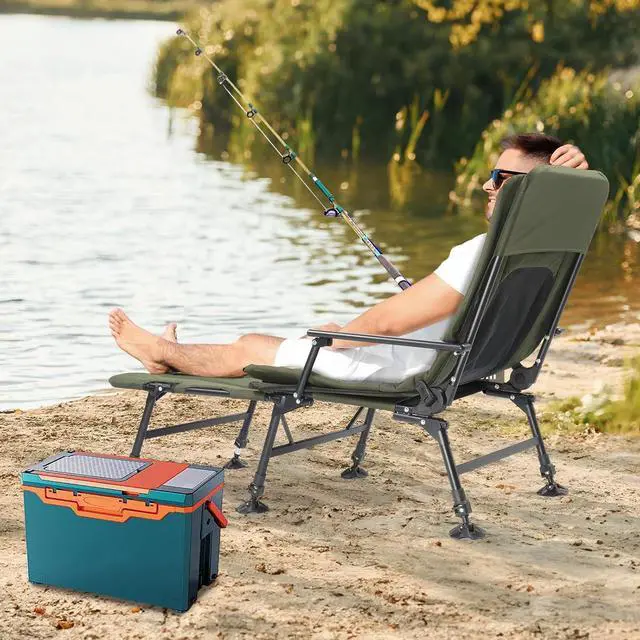 Alt view image 2 of 7 - VINGLI Oversized Fishing Chair Heavy Duty Support 440 LBS, 160° Freely Adjustable Reclining Folding Chairs, Lounge Travel Outdoor Seat with High Back for Fishing Camping or Leisure