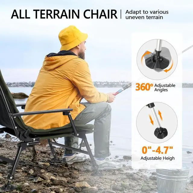 Alt view image 4 of 7 - VINGLI Oversized Fishing Chair Heavy Duty Support 440 LBS, 160° Freely Adjustable Reclining Folding Chairs, Lounge Travel Outdoor Seat with High Back for Fishing Camping or Leisure