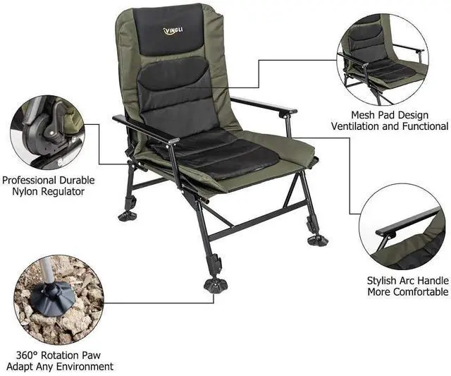 Alt view image 4 of 7 - VINGLI Heavy Duty Fishing Chair with Footrest Support 440 LBS, Oversized Camping Chairs with 160° Adjustable High Back, Beach Chair for Outdoors/Yard/Forest