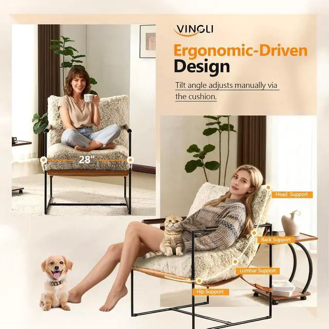 Alt view image 3 of 7 - VINGLI 28" Cute Reading Armchair with Removable Seat Cushion & Tan Microfiber Seat Base, Plush Upholstery Sling Modern Accent Chair with Metal Frame, Lazy Chair for Bedroom & Lounge,Beige