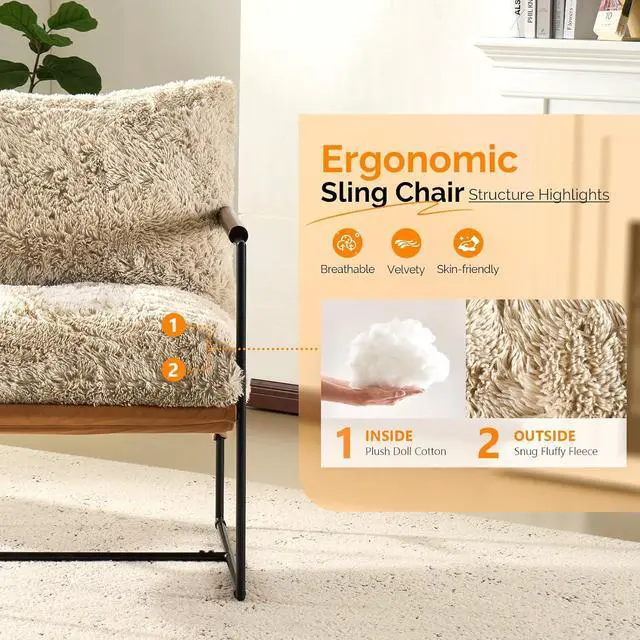 Alt view image 5 of 7 - VINGLI 28" Cute Reading Armchair with Removable Seat Cushion & Tan Microfiber Seat Base, Plush Upholstery Sling Modern Accent Chair with Metal Frame, Lazy Chair for Bedroom & Lounge,Beige
