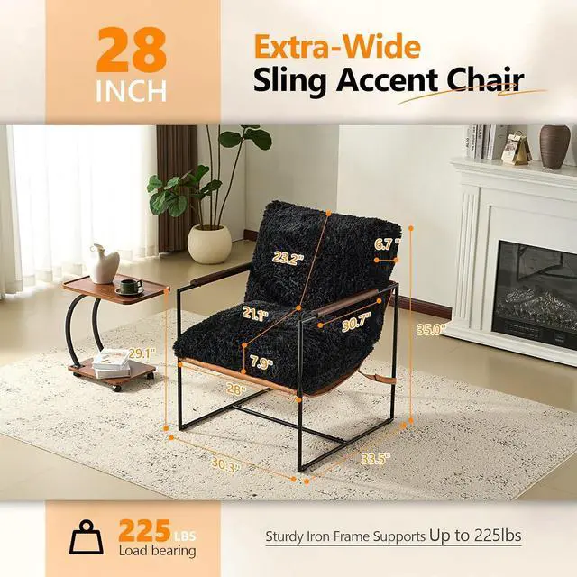 Alt view image 2 of 7 - VINGLI 28" Wide Plush Upholstery Sling Modern Accent Chair with Metal Frame, Cute Reading Armchair with Removable Seat Cushion & Tan Microfiber Seat Base, Lazy Chair for Bedroom & Lounge,Black
