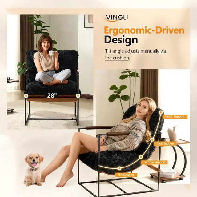 Alt view image 3 of 7 - VINGLI 28" Wide Plush Upholstery Sling Modern Accent Chair with Metal Frame, Cute Reading Armchair with Removable Seat Cushion & Tan Microfiber Seat Base, Lazy Chair for Bedroom & Lounge,Black