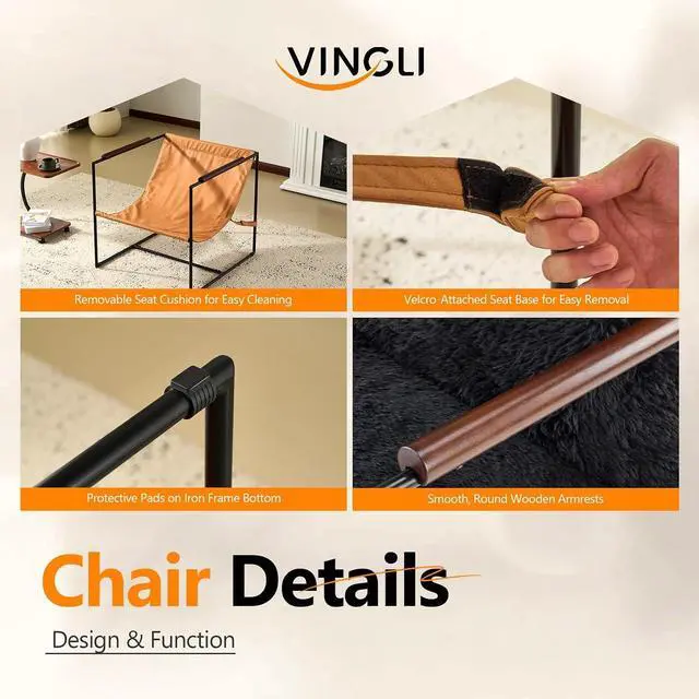 Alt view image 5 of 7 - VINGLI 28" Wide Plush Upholstery Sling Modern Accent Chair with Metal Frame, Cute Reading Armchair with Removable Seat Cushion & Tan Microfiber Seat Base, Lazy Chair for Bedroom & Lounge,Black