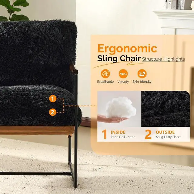 Alt view image 6 of 7 - VINGLI 28" Wide Plush Upholstery Sling Modern Accent Chair with Metal Frame, Cute Reading Armchair with Removable Seat Cushion & Tan Microfiber Seat Base, Lazy Chair for Bedroom & Lounge,Black