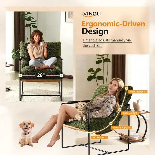 Alt view image 3 of 7 - VINGLI 28" Wide Plush Upholstery Sling Modern Accent Chairs Set of 2, Cute Reading Armchair with Removable Seat Cushion & Tan Microfiber Seat Base, Lazy Chair for Bedroom & Lounge,Olive Green