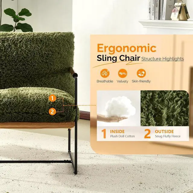 Alt view image 5 of 7 - VINGLI 28" Wide Plush Upholstery Sling Modern Accent Chairs Set of 2, Cute Reading Armchair with Removable Seat Cushion & Tan Microfiber Seat Base, Lazy Chair for Bedroom & Lounge,Olive Green