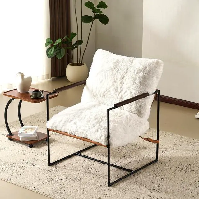 Main image of VINGLI 28" Wide Plush Upholstery Sling Modern Accent Chair with Metal Frame, Cute Reading Armchair with Removable Seat Cushion & Tan Microfiber Seat Base, Lazy Chair for Bedroom & Lounge, White