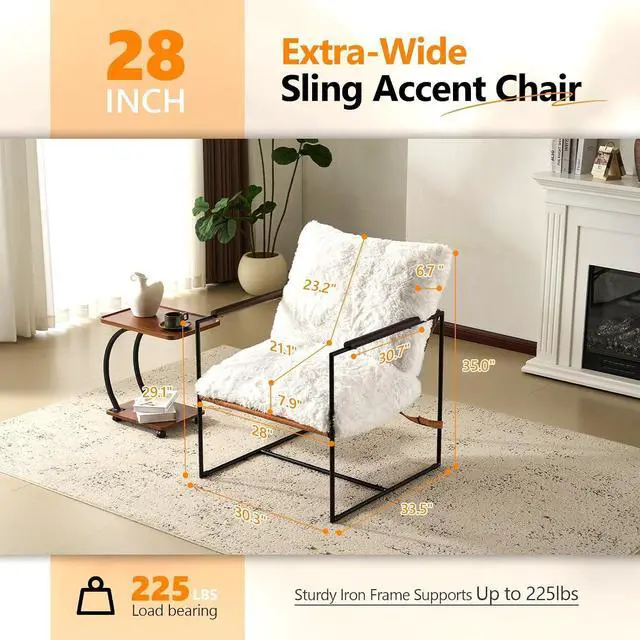 Alt view image 2 of 7 - VINGLI 28" Wide Plush Upholstery Sling Modern Accent Chairs Set of 2, Cute Reading Armchair with Removable Seat Cushion & Tan Microfiber Seat Base, Lazy Chair for Bedroom & Lounge, White