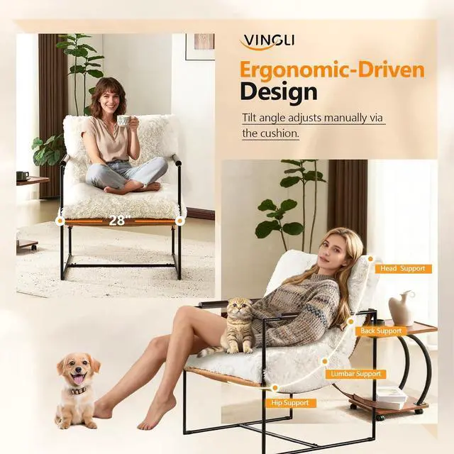 Alt view image 3 of 7 - VINGLI 28" Wide Plush Upholstery Sling Modern Accent Chairs Set of 2, Cute Reading Armchair with Removable Seat Cushion & Tan Microfiber Seat Base, Lazy Chair for Bedroom & Lounge, White