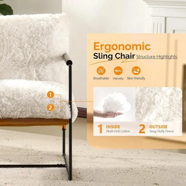 Alt view image 5 of 7 - VINGLI 28" Wide Plush Upholstery Sling Modern Accent Chairs Set of 2, Cute Reading Armchair with Removable Seat Cushion & Tan Microfiber Seat Base, Lazy Chair for Bedroom & Lounge, White