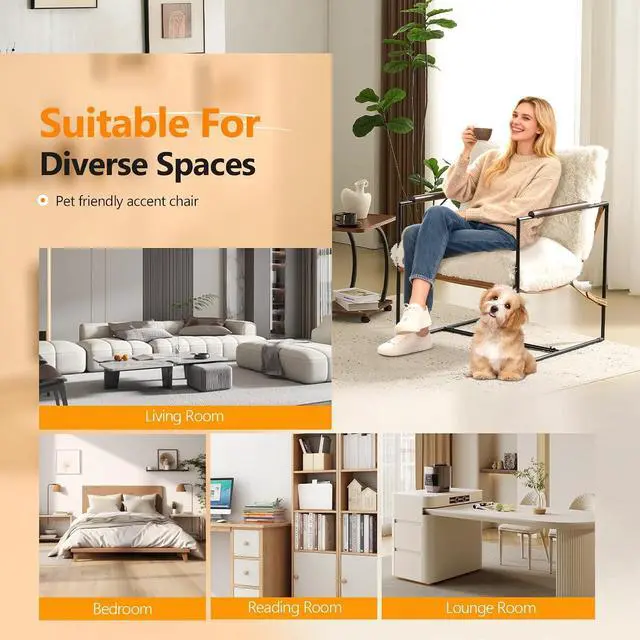 Alt view image 7 of 7 - VINGLI 28" Wide Plush Upholstery Sling Modern Accent Chair with Metal Frame, Cute Reading Armchair with Removable Seat Cushion & Tan Microfiber Seat Base, Lazy Chair for Bedroom & Lounge, White