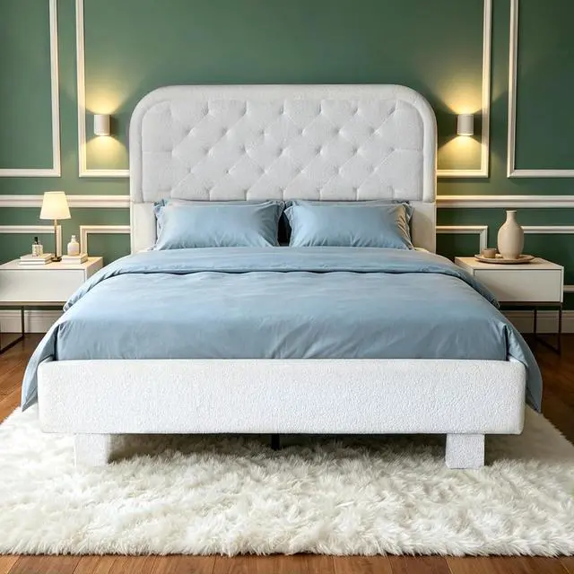 Main image of VINGLI White Queen Bed Frame Boucle Upholstered Platform Bed with Rounded Corner Headboard,Cozy Soft Fabric Bed with Solid Wood Slats